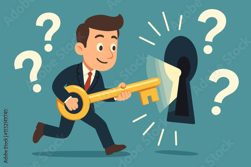 Problem-solving business concept. Cartoon businessman with a golden key unlocking a keyhole. Finding a solution, overcoming challenges, and unlocking opportunities for success.