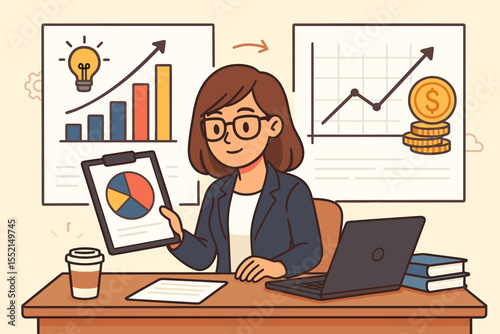 Businesswoman at office desk analyzing financial data. Female analyst working with charts, graphs for business growth strategy. Concept of success, profit, and investment report.
