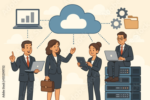 Business team collaborating on enterprise solutions using cloud technology. Vector concept of data storage, server hosting, and network services for corporate IT infrastructure.