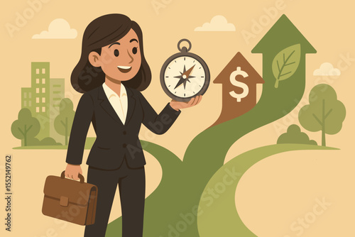 Businesswoman at crossroads holds compass to choose between economy and ecology. Sustainable business development, corporate social responsibility, and ESG investment strategy vector.