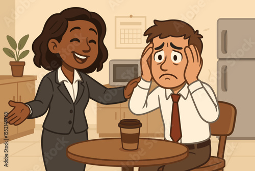 Empathetic businesswoman comforting stressed male colleague in office. Concept of workplace support, mental health, burnout, anxiety, compassion, and teamwork. Manager helping employee.