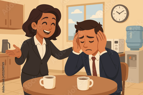 Businesswoman comforting stressed colleague in office. Workplace mental health support. Employee burnout, anxiety, and depression concept. Empathy and encouragement from coworker.