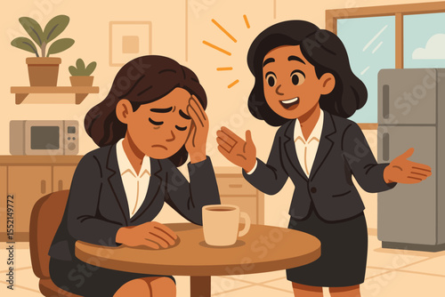Empathy at work concept. Businesswoman comforting stressed colleague. Support and encouragement for depressed coworker. Mental health and burnout in the office. Teamwork and friendship.