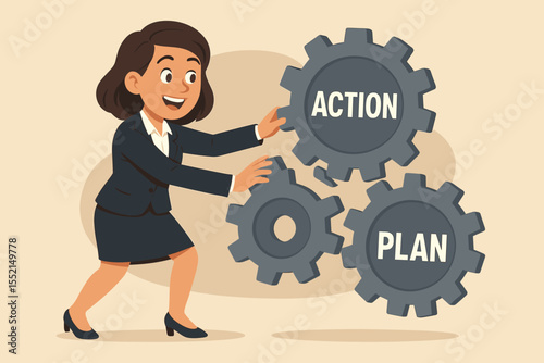 Businesswoman spinning gears with action plan text. Metaphor for business strategy, management, and workflow process. Corporate leader driving company success cartoon vector.