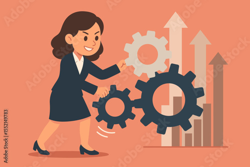 Businesswoman turning gears mechanism for company growth and success. Business strategy and management concept. Female leader implementing an action plan for corporate progress.
