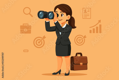 Businesswoman with binoculars searching for job opportunity. Concept for career growth, recruitment, hiring, vision, and business strategy. Professional employment search vector.