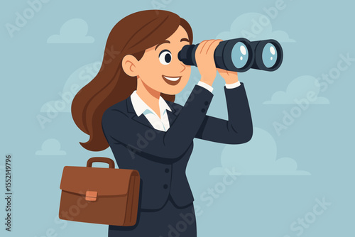 Businesswoman with binoculars looking for new job opportunities. Concept for career advancement, employment search, recruitment, hiring, human resources, and corporate vision.
