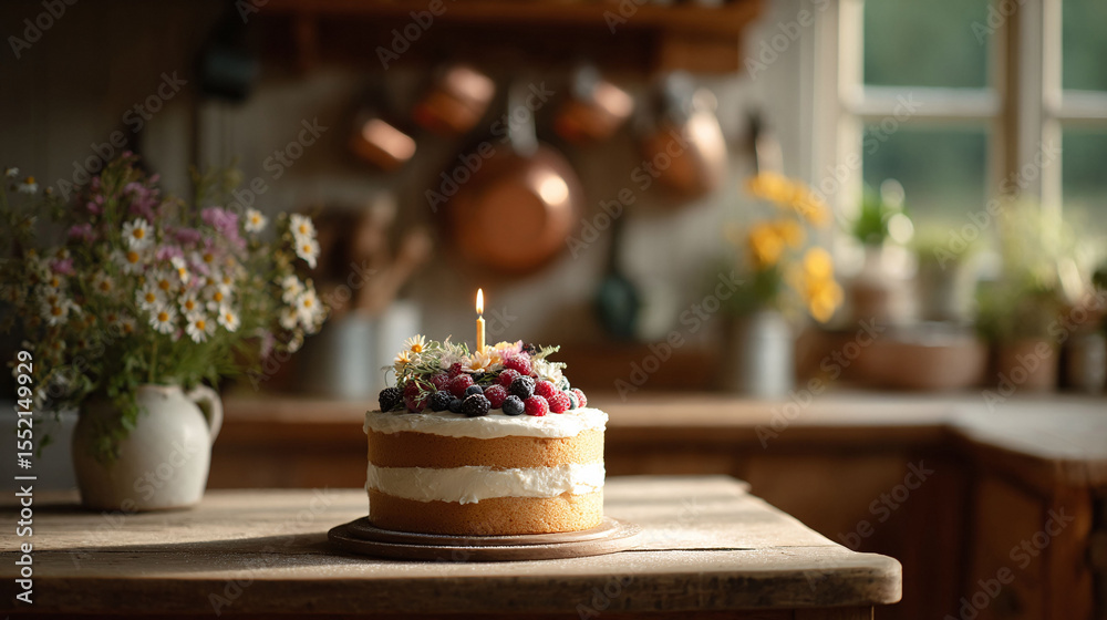 Celebratory cake topped with fresh berries and a candle, set on a rustic kitchen table. Warm, inviting scene perfect for birthdays, celebrations, baking content. Celebratory cake topped with fresh berries and a candle, set on a rustic kitchen table. Warm, inviting scene perfect for birthdays, celebrations, baking content.