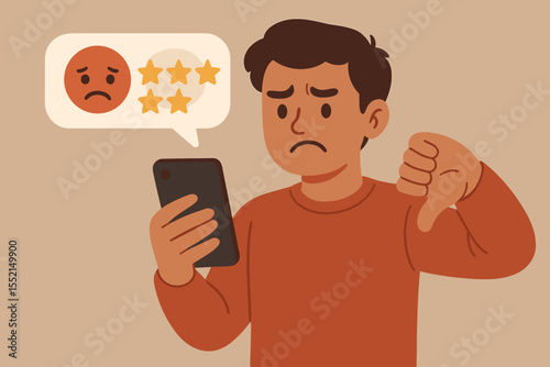 Unhappy customer gives negative review on smartphone. Man with thumbs down shows disapproval and leaves bad feedback. Concept of poor service, one star rating, and client dissatisfaction.