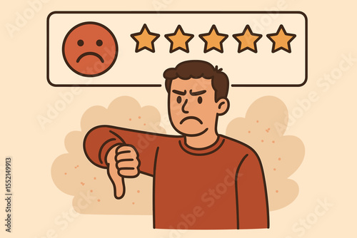 Unhappy customer giving negative review with thumb down. Bad feedback and one star rating concept. Dissatisfied client, poor service experience and user complaint illustration.