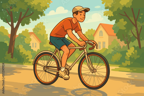 Young man riding a classic bicycle on a sunny summer day in a suburban neighborhood. Happy cyclist enjoying outdoor activity and healthy lifestyle. Vector cartoon illustration.