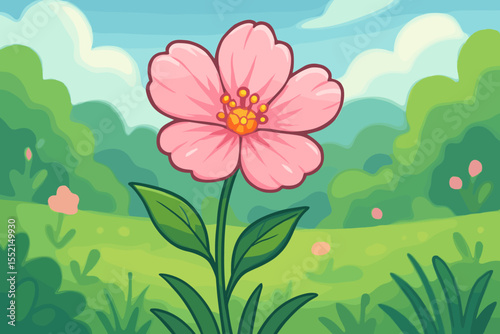 Cartoon pink flower blooming in a spring garden. Cute floral vector illustration with a beautiful nature landscape background. Sunny day in a meadow with green grass and blue sky.