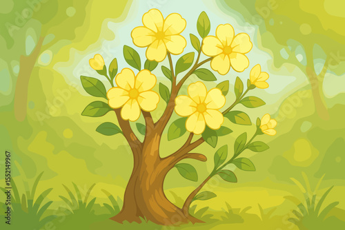 Springtime scene with a blooming cartoon bush and delicate yellow flowers. Vector illustration of a fantasy plant in a green forest with soft focus bokeh light. Natural background.