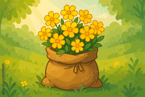 Cartoon yellow flowers in a burlap sack on a green meadow. Sunny spring or summer landscape background with hills. Cute vector illustration for gardening, nature, or kids design.