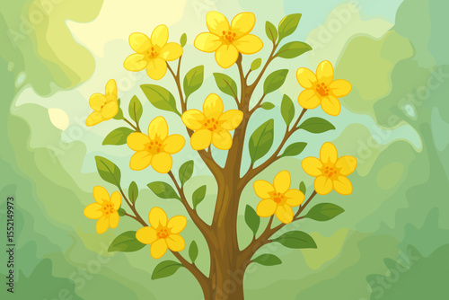 Cartoon vector illustration of a blooming bush with yellow flowers like forsythia or jasmine. Spring nature background with green leaves, branches and soft focus bokeh effect.