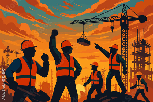 Silhouette of construction workers on a building site with crane at sunset. Team of builders in hard hats. Concept for labor day, industry, teamwork, engineering, architecture. Vector.