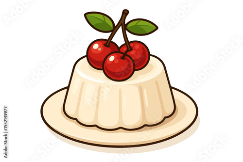Sweet cream pudding with cherry fruit garnish. Italian panna cotta or coconut jelly dessert vector cartoon. Delicious blancmange food illustration isolated on white background.