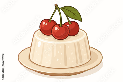 Coconut jelly panna cotta with cherry topping. Sweet milk pudding dessert with fresh fruit garnish. Vector cartoon food illustration isolated on white background for menu design.