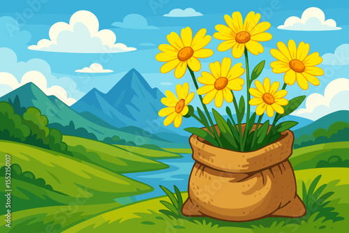 Beautiful summer landscape with yellow wildflowers blooming in a burlap sack. Cartoon vector illustration of a mountain valley with a river, green hills, and a sunny sky.