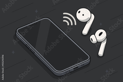 Sleek isometric illustration of smartphone and wireless earbuds. Modern tech essentials concept for music, audiobooks, podcasts. Mobile phone and bluetooth earphones on dark background.