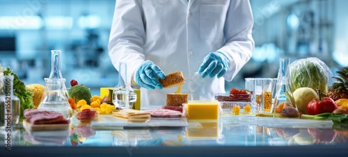 The scientist in a laboratory carefully analyzing food ingredients for research.