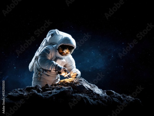 An astronaut in a spacesuit examines and collects samples from a rocky, alien terrain under a starry space sky.
