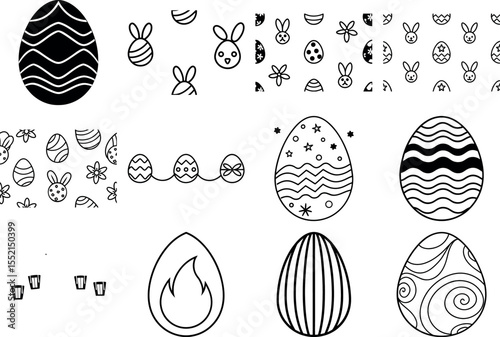 Collection of easter egg icons and patterns in white on black background
