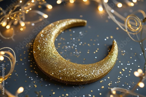 Golden Crescent Moon and Sparkling Stars Night Sky Background




