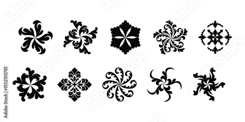 Collection of Ornamental Floral Vector Elements for Decoration and Design with Abstract Shapes and Swirling Motifs on White
