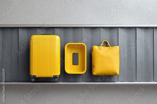 Yellow luggage, bag, and phone in tray on conveyor belt. Represents travel security, airport procedures,  modern connectivity. Great for travel blogs,  ads.