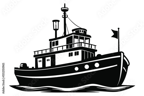 Black and White Silhouette of Fishing Boat with Mast and Flag Illustration
