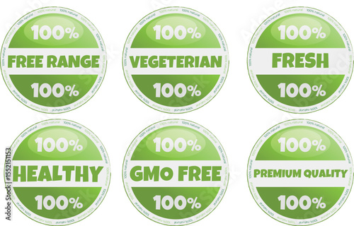 Free range, vegeterian, fresh, premium quality, gmo free and healthy products sticker, label, badge and logo. Ecology icon. Logo template with green leaves for organic and eco friendly products.
