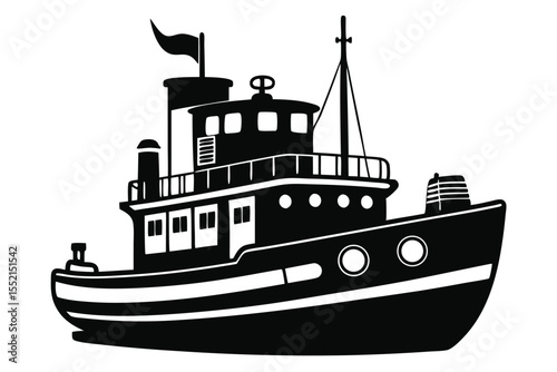 Detailed Silhouette of Black Fishing Boat with Mast and Flag Illustration Graphic