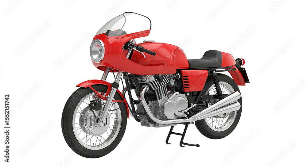 Fototapeta premium A red vintage motorcycle with a windscreen and chrome exhaust pipes is displayed against a white background.