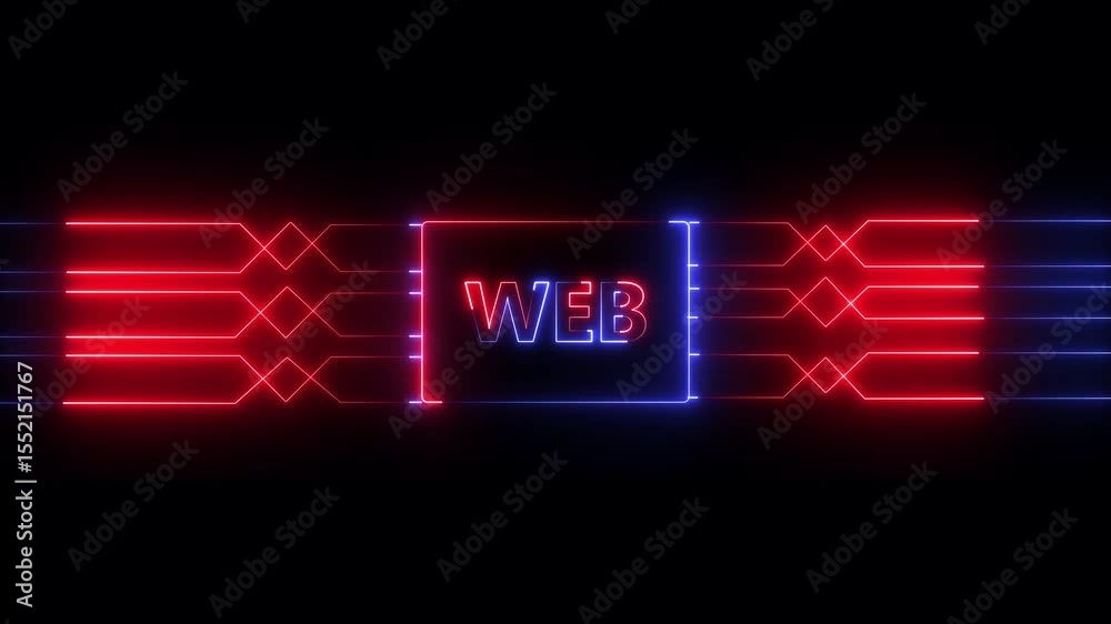 Networking chip icon futuristic neon circuit board WEB animated. on black background. Motion graphic of digital WEB logo with futuristic technology...