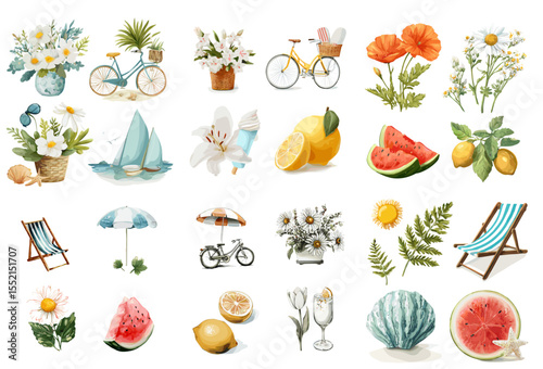 Colorful summer elements including flowers, fruits, and outdoor items  