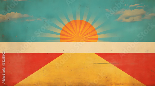 Abstract retro-style illustration featuring a sunburst, sky, clouds, and geometric shapes in warm, vintage colors on a textured surface.
