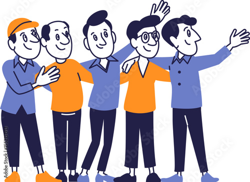 Group of Men Smiling and Hugging.Friendly Male Characters Standing Together in Flat Vector Style.