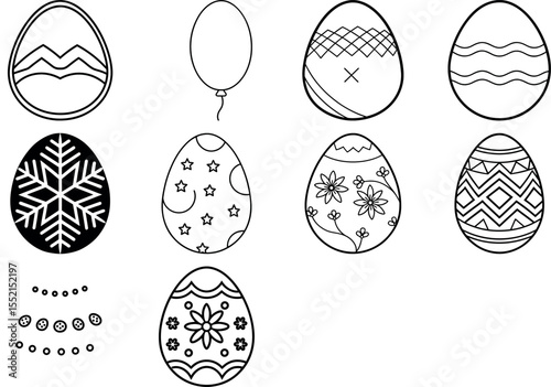 Collection of outline easter eggs with various decorative patterns