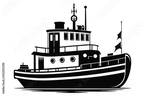 Illustration of OldFashioned Fishing Boat Featuring Details Such as Flag and Windows in Black and White