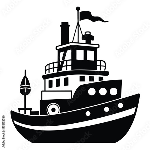 Black and White Graphic of a Simple Tugboat with Flag and Details