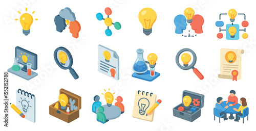 Innovation and creativity 3d icons set – ideas, solutions, thinking symbols