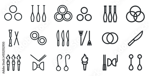 Juggling and circus icons set – outline, linear, performance, entertainment symbols