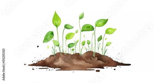 Watercolor illustration of young growing plant in soil on white background. Ecology, growts, environmental care and agriculture concept.