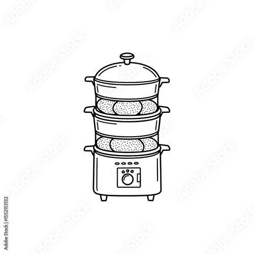 Black line icon of a South Indian idli steamer with tiered trays and domed lid