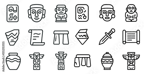Ancient culture line icons set – outline, historical, artifacts and heritage symbols