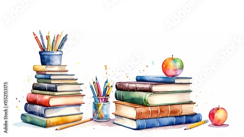 Watercolor stack of books and various school supply on white background. Back to school theme.