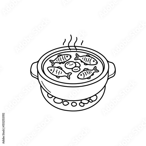 Black line icon of Mongolian hot stone cooking bowl with fish and rocks