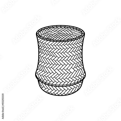 Black line icon of a Southeast Asian bamboo rice basket with cylindrical woven shape