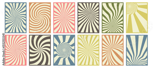 Sey of Retro backgrounds isolated. Distorted colored pattern. Hand drawn Groovy cards in style of 60s, 80s, 70s. Hippie design with wavy lines, warped streaks. Vector illustration